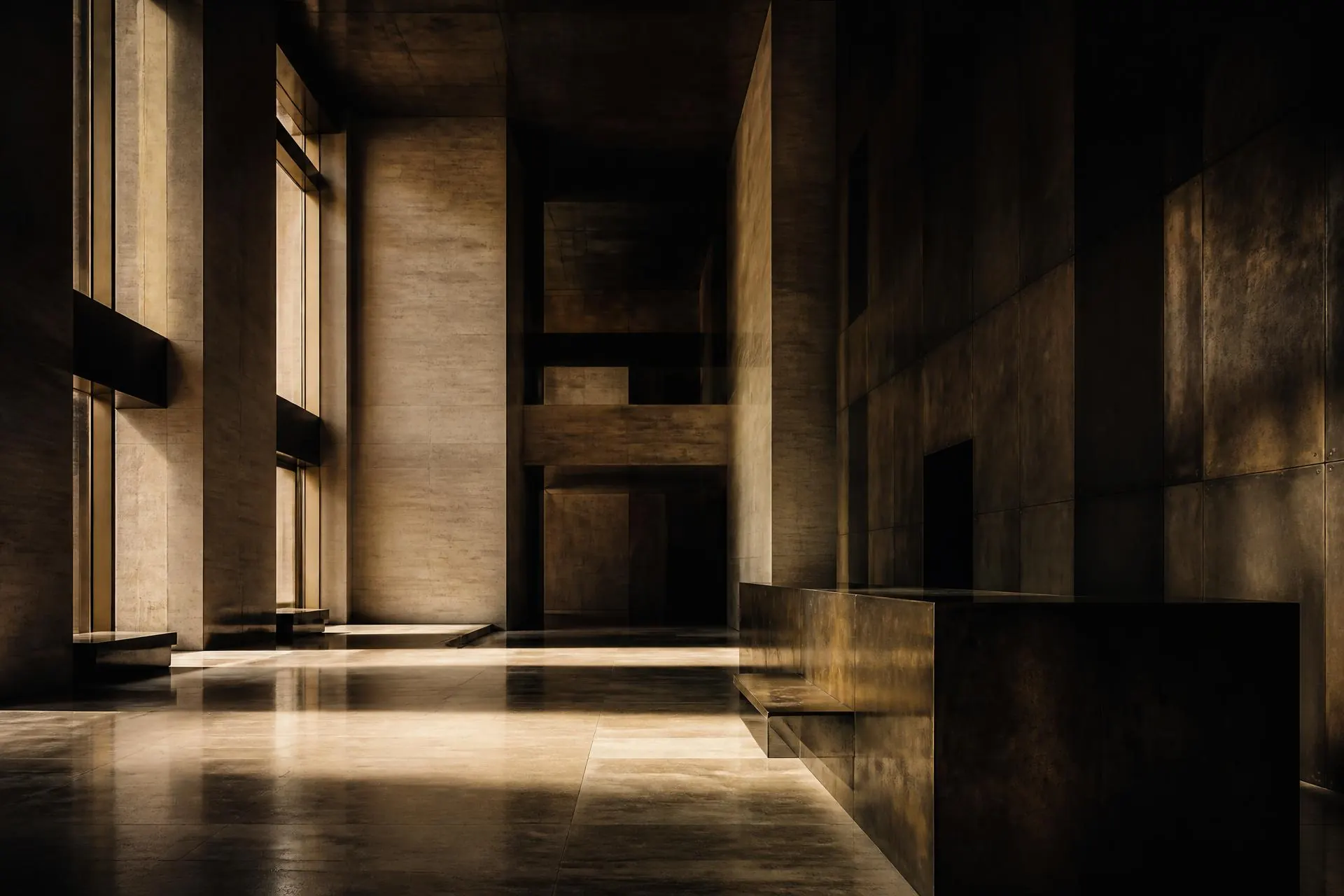 Empty institutional lobby at dusk, raking warm light across stone