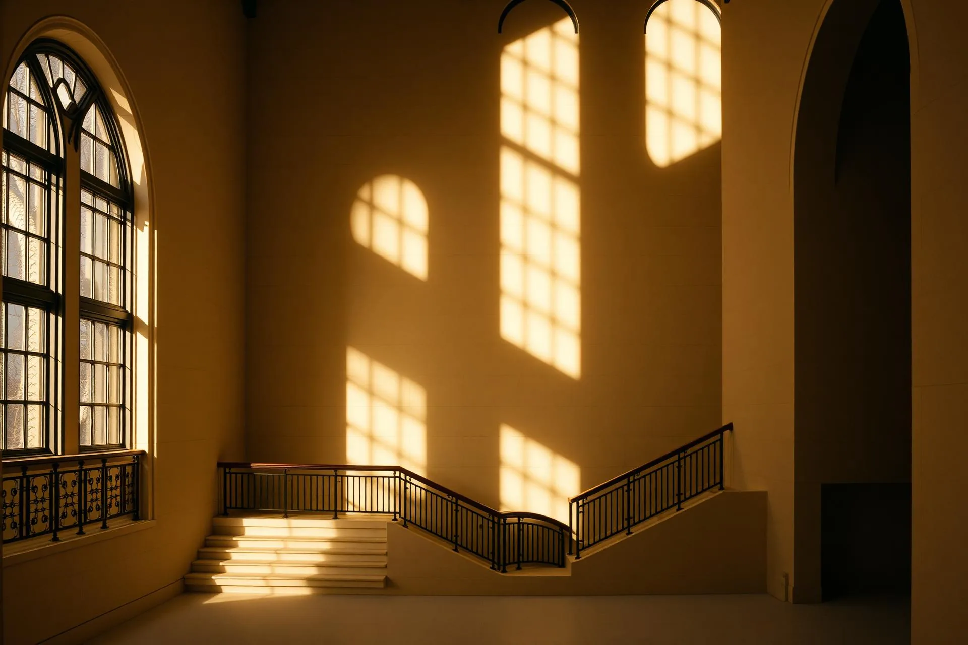 Institutional stair, arched grid shadow across a warm stone wall